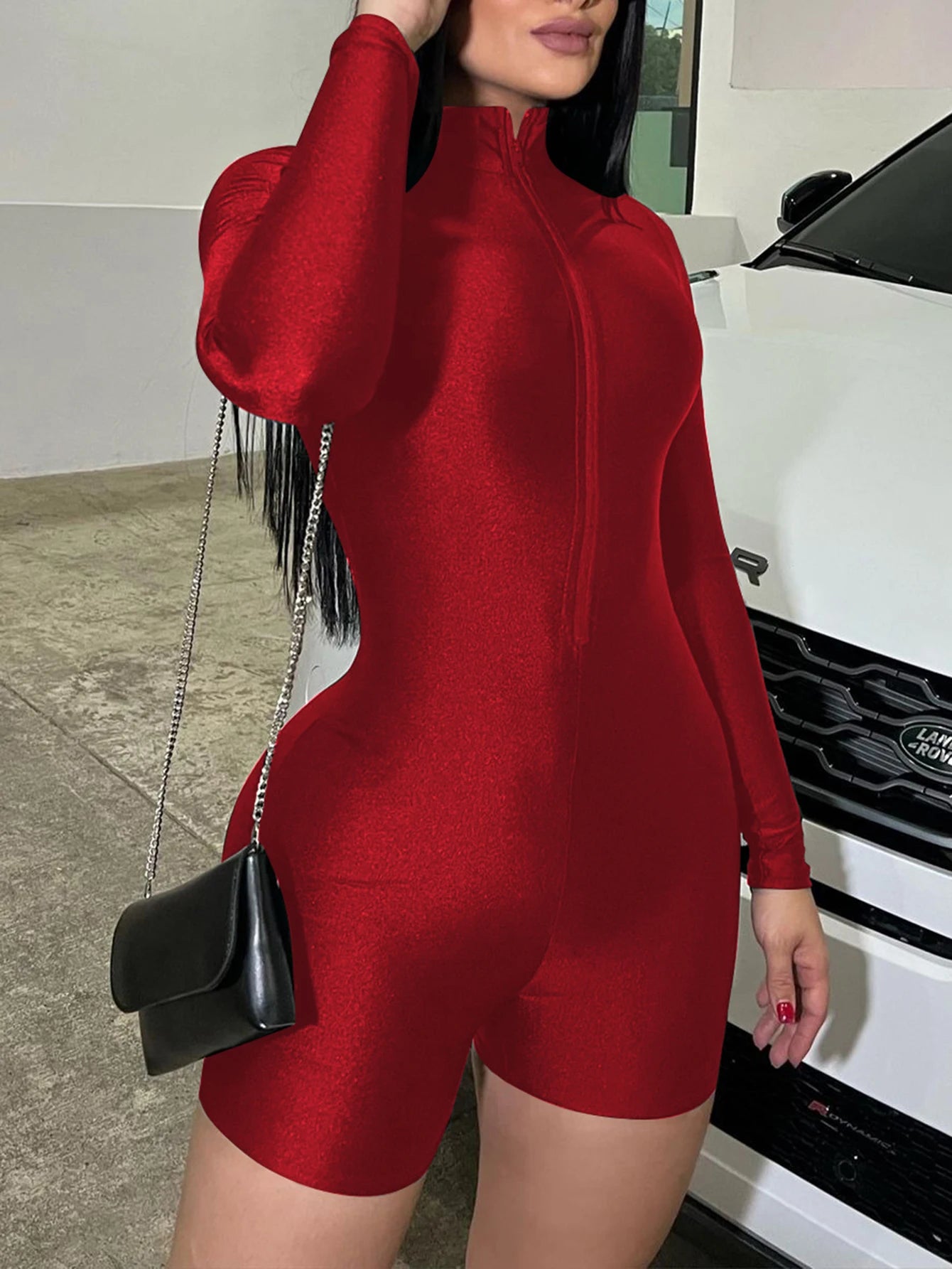 Hugcitar Solid Turtleneck Long Sleeve Zip Up Sexy Slim Skinny One Piece Playsuit 2024 Fall Women Fashion Streetwear Party Romper