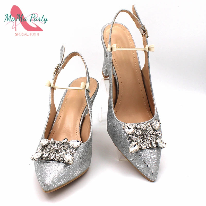 Fuchsia Color Italian Classics Design African Women Shoes and Bag Set High Quality with Shinning Crystal for Wedding Party