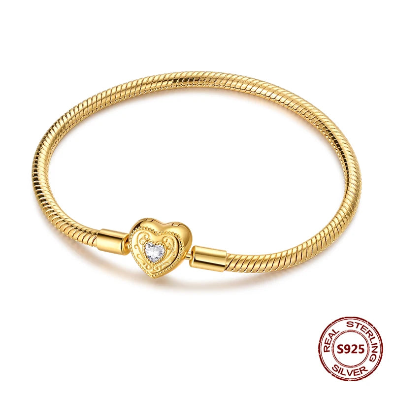 Silver 925 Bracelet Original Bracelets Colorful Zircon Heart Flower Cat Snake Chain For DIY Charms 17-20CM Luxury Jewelry Gifts