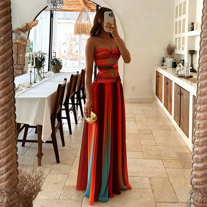 Tie-dye Gradient Hollow Out Women's Maxi Dress Elegant Off Shoulder A-line Hem Long Dresses New Summer 2025 Holiday Female Robes
