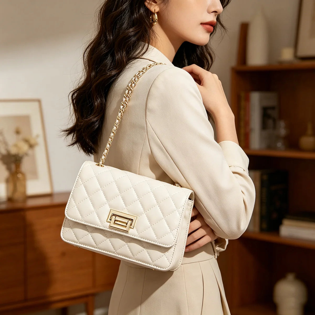 FOXER 2026 Women White Quilted Crossbody Bag Luxury Leather Chain Shoulder Bag Fashion Lady Flap Square Purse for Casual & Party