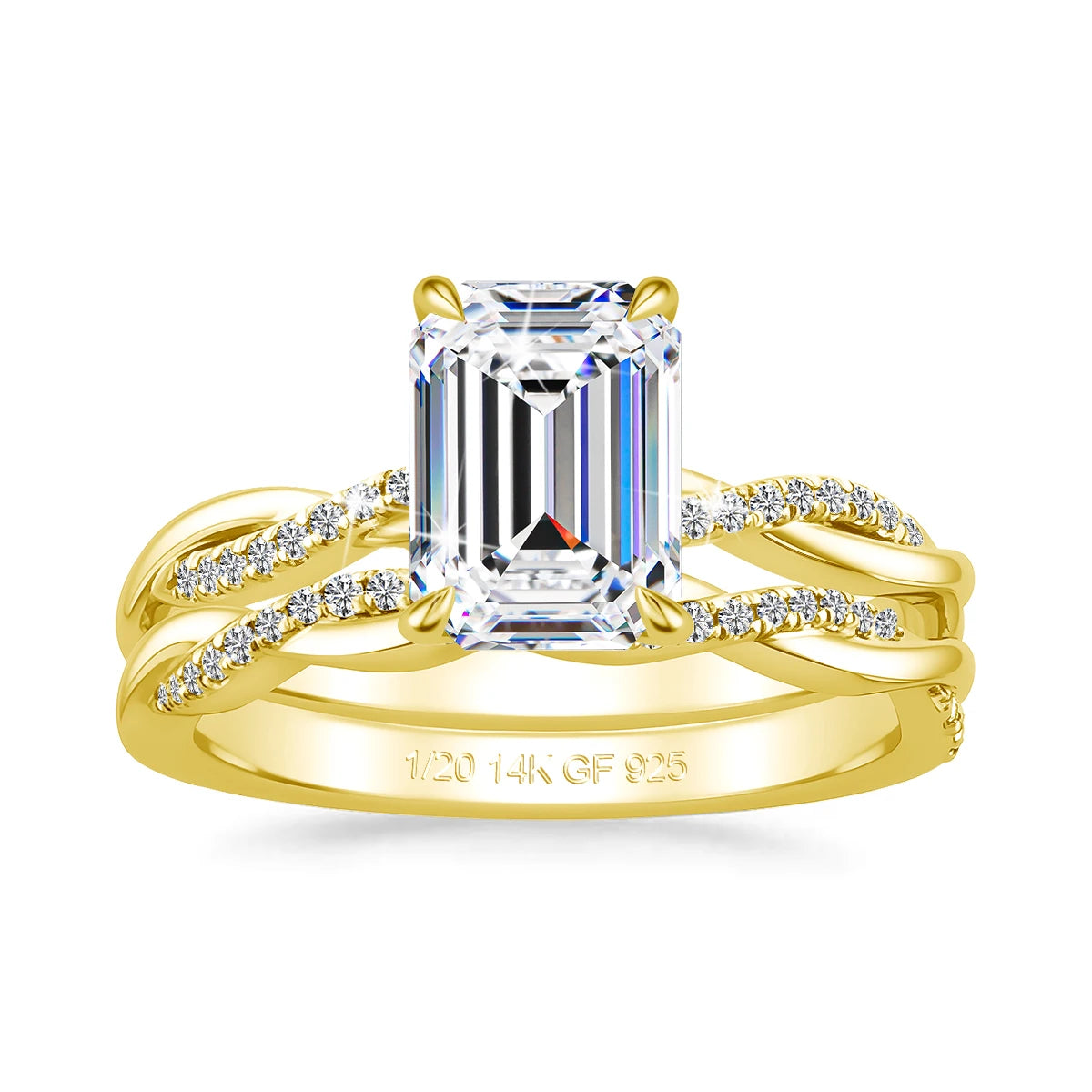 14K Gold Filled Emerald Cut 3ct Moissanite Ring Set Twisted Double Band Engagement Wedding Ring for Bride Luxury Bridal Jewelry