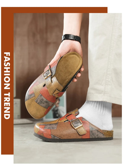 Unisex Cork Closed Toe Slippers Slip-on Clogs Slides Fashion Leather Sandals with Adjustable Buckle Backless Comfort Footbed