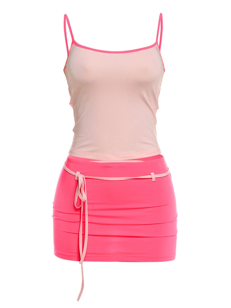 Kliou Contrast Patchwork 2 Piece Set Woman Summer Trend Low-Neck Backless Camisole Tops+Bandage Tassel Mini Skirt Y2K Style Suit