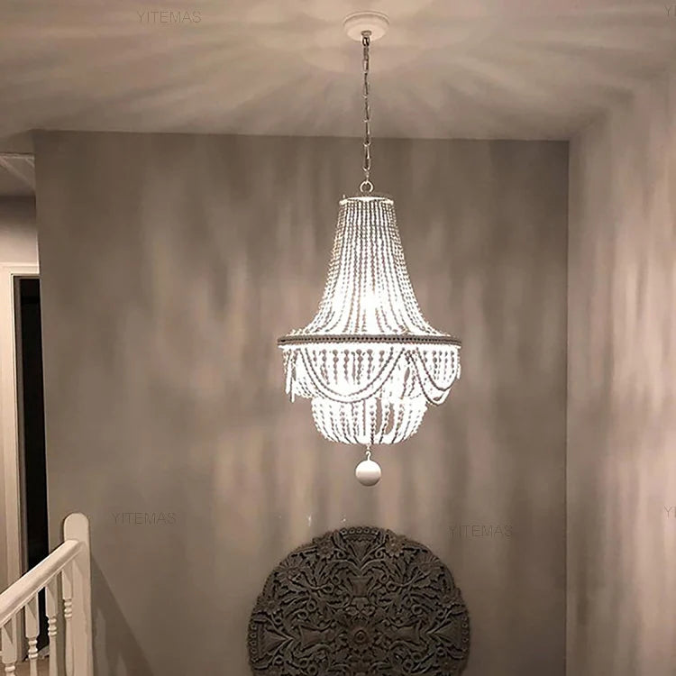 Blue Grey Wooden Beads 8 Lights Chandeliers For Foyers Vintage White Chandelier Lighting Bedroom Living Room Boho Pendant Light