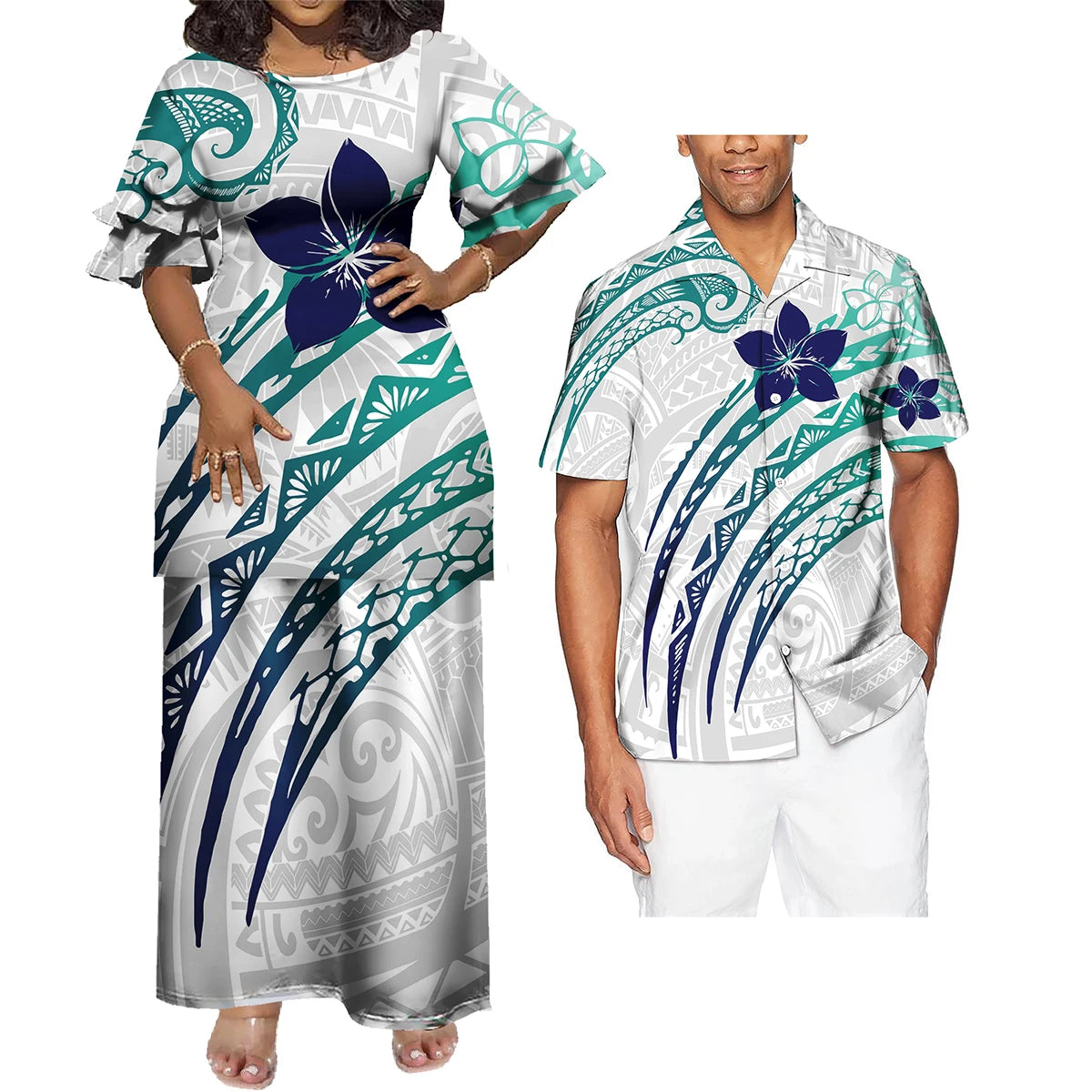 New Wholesale Custom Polynesian Tribal Design Petal Sleeve Samoan Puletasi Set Ptaha Plus Size Women 2 Piece Outfits Sets Dress
