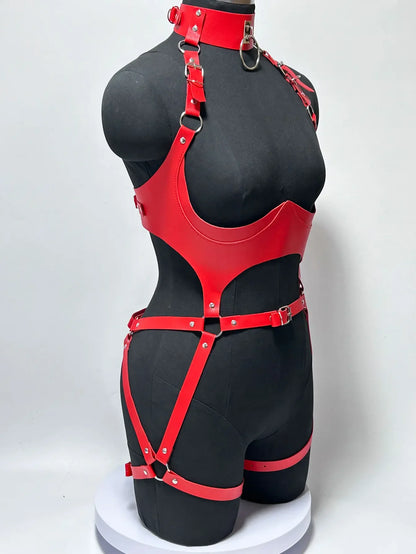 Women Fashion Punk Style Faux Leather Full Body Harness Belt, Garter Belt Set,Gothic Collocation Costume Accessories
