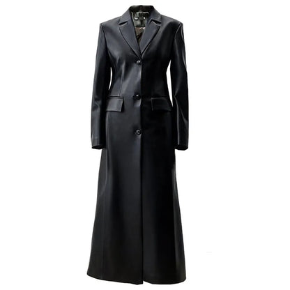 Lautaro Autumn Long Black Fitted Pu Leather Trench Coat for Women Shoulder Pads Single Breasted Luxury Elegant Blazer Overcoat