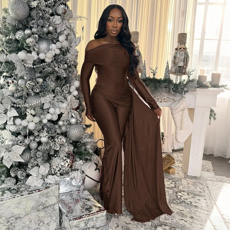 Doyerl Elegant Party Club Outfits Woman Jumpsuits and Rompers Evening Off Shoulder Long Sleeve Ruched One Pieces Overalls Ribbon