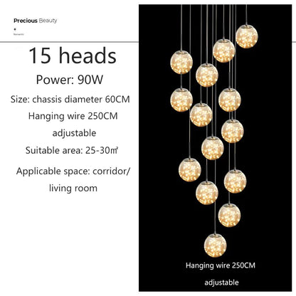 Modern LED Chandelier Glass Ball Dimmable Pendant Lamp for Staircase Living Room Home Decor Suspension Lighting Design Lusters