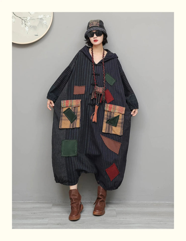 Unique Vintage-style Patchwork Jumpsuit Women Autumn Loose Hooded Long Sleeves Overalls LX6788