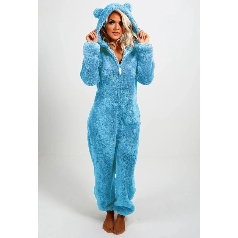 Women's Fleece Oneseies Zip Up Hooded Pajamas Rompers Cozy Sleepwear Pyjamas Autumn Winter Warm Loungewear Jumpsuit