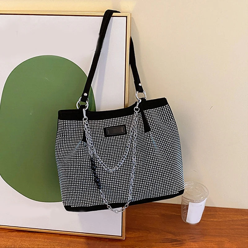 2024 Fashion Women Bling Diamonds Handbag Large Capacity PU Leather Big Totes Designer Female Chain Shoulder Bags Shopping Bags