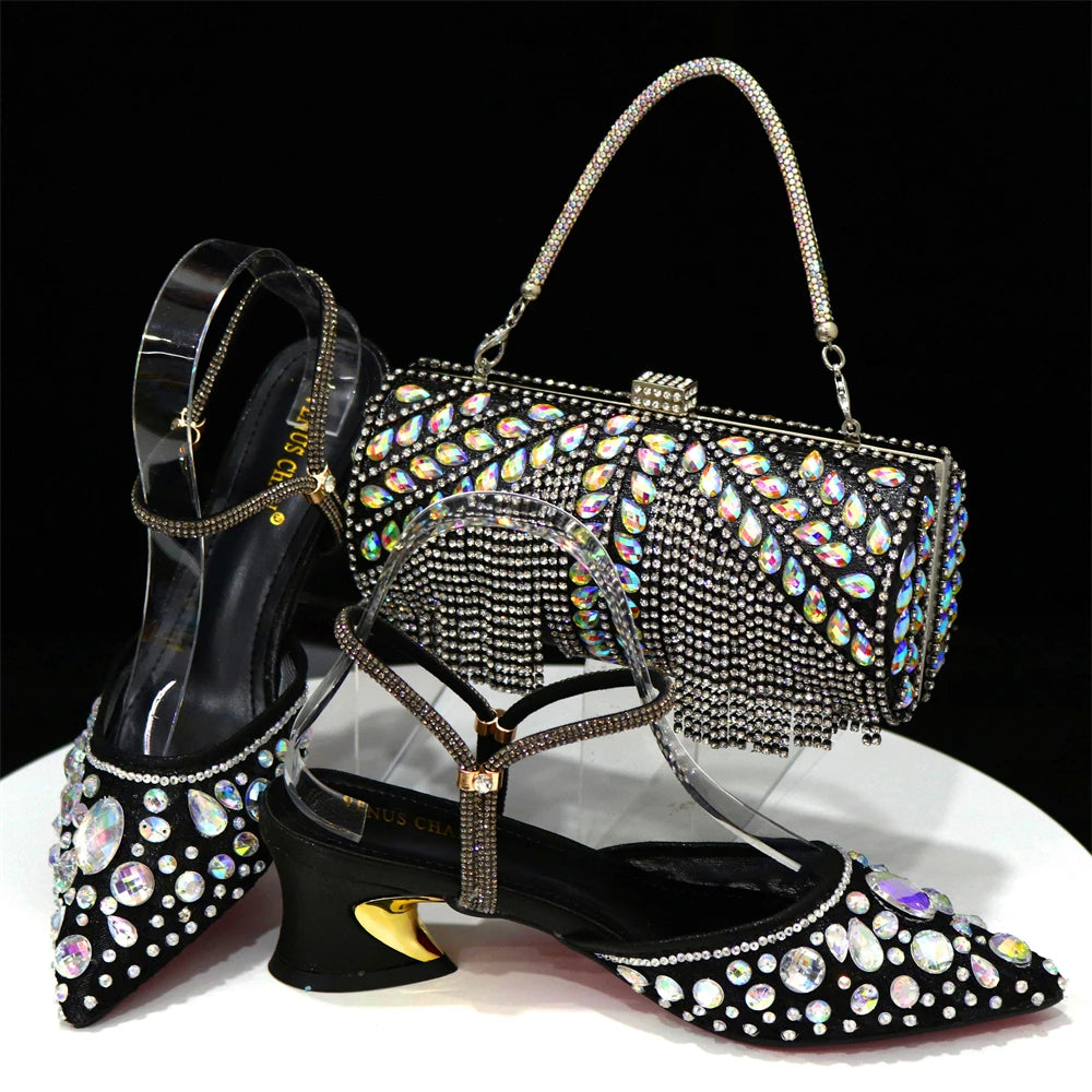 2023 New Italian Design Noble Dual-Purpose Three-Dimensional Bag And Ladies Heel Shoes Shiny Material For Nigeria Wedding Party