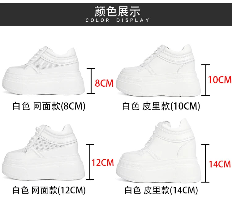 10-14cm Chunky Sneakers Women Platform Shoes Elevator Shoe White Mesh Breathable Sneakers Real Leather Increasing Shoes