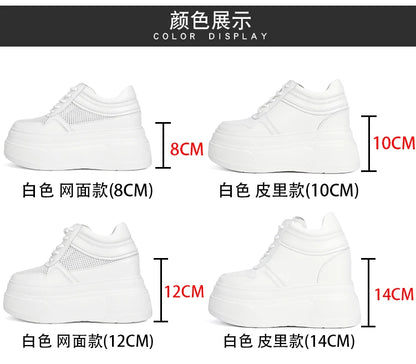 10-14cm Chunky Sneakers Women Platform Shoes Elevator Shoe White Mesh Breathable Sneakers Real Leather Increasing Shoes