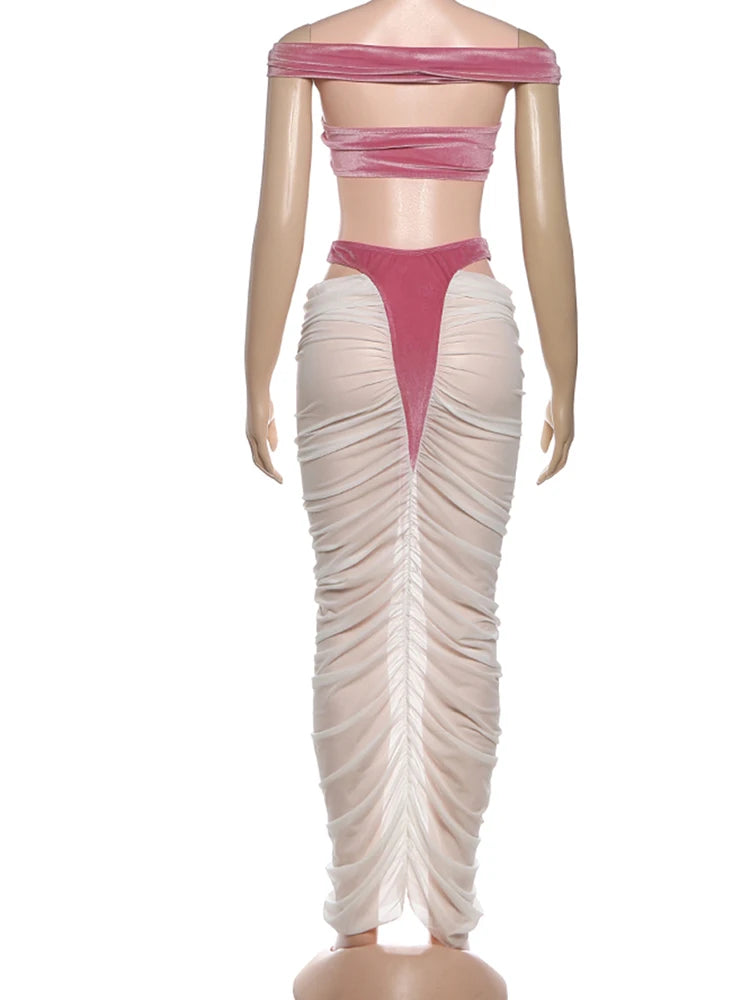 Kliou Sexy Fashion 2 Piece Set Woman Velvet Cross Kink Tank Tops+Hollow Design Ruched Long Skirts Club Party Coquette Outfits