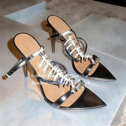 Fish Bone Sandals Rhinestone Slingback High Heels Pointed Toe Stiletto Pumps for Party Evening Sexy Women Summer Shoes Plus Size
