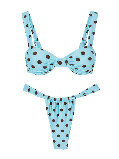 Retro Brown Dot Bikini Sexy Off Shoulder Swimwear Women High Cut Thong Biquini Set Luxury Summer Vacation Beach Bathing SuitK337