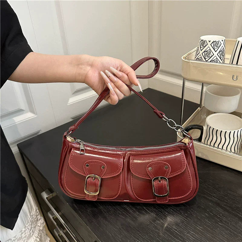 Fashion Pu Leather Women's Shoulder Bag Small Double Pocket Design Ladies Underarm Bags Y2k Vintage Female Handbags Clutch Purse