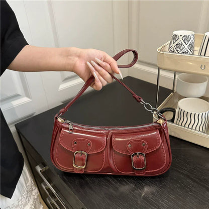 Fashion Pu Leather Women's Shoulder Bag Small Double Pocket Design Ladies Underarm Bags Y2k Vintage Female Handbags Clutch Purse