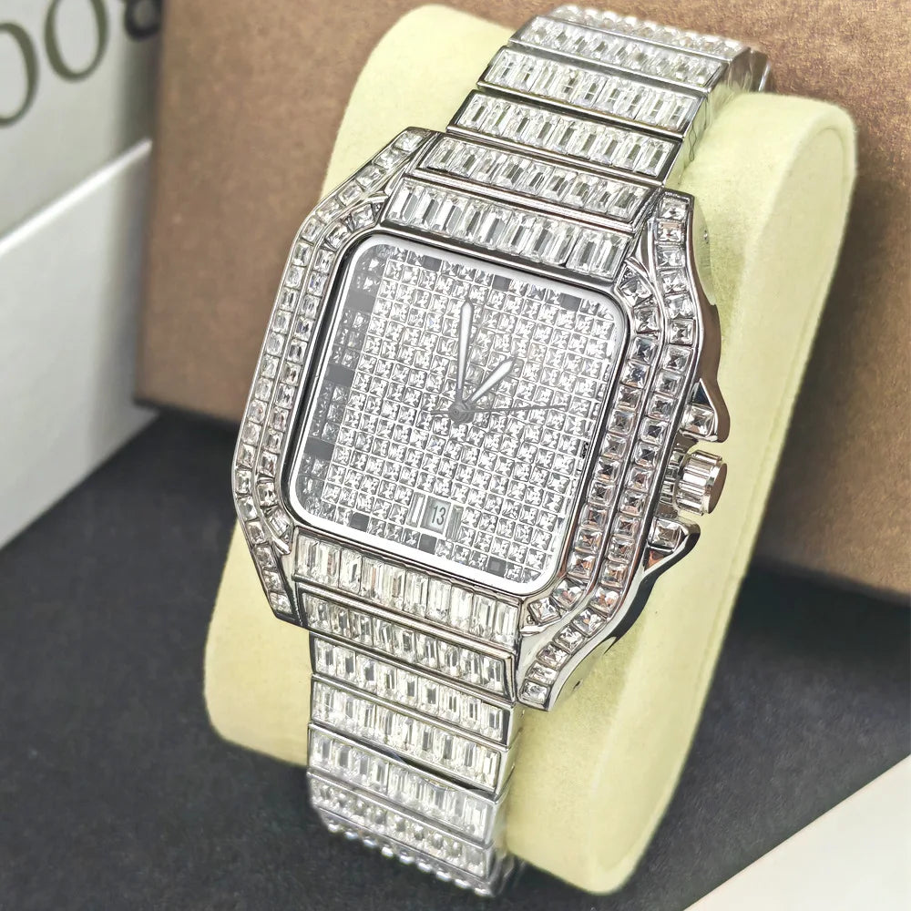 Silver Square Diamond Quartz Watch Men Luxury Brand Stainelss Steel Fashion Timepiece Novelty Design Ice Out Bling AAA Watch