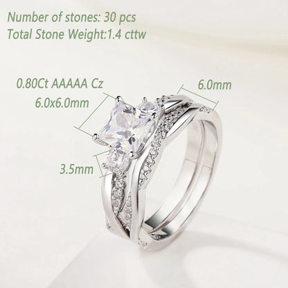 Newshe 925 Sterling Silver Moissanite/Zircons Princess Cut Eternity Engagement Rings Twist Wedding Band Bridal Sets