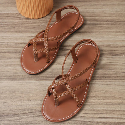 Women Beach Woven Hollow Sandals Women Flats Casual Clip Toe Sandals Summer 2026 New Fashion Walking Zapatos Dress Femme Slides