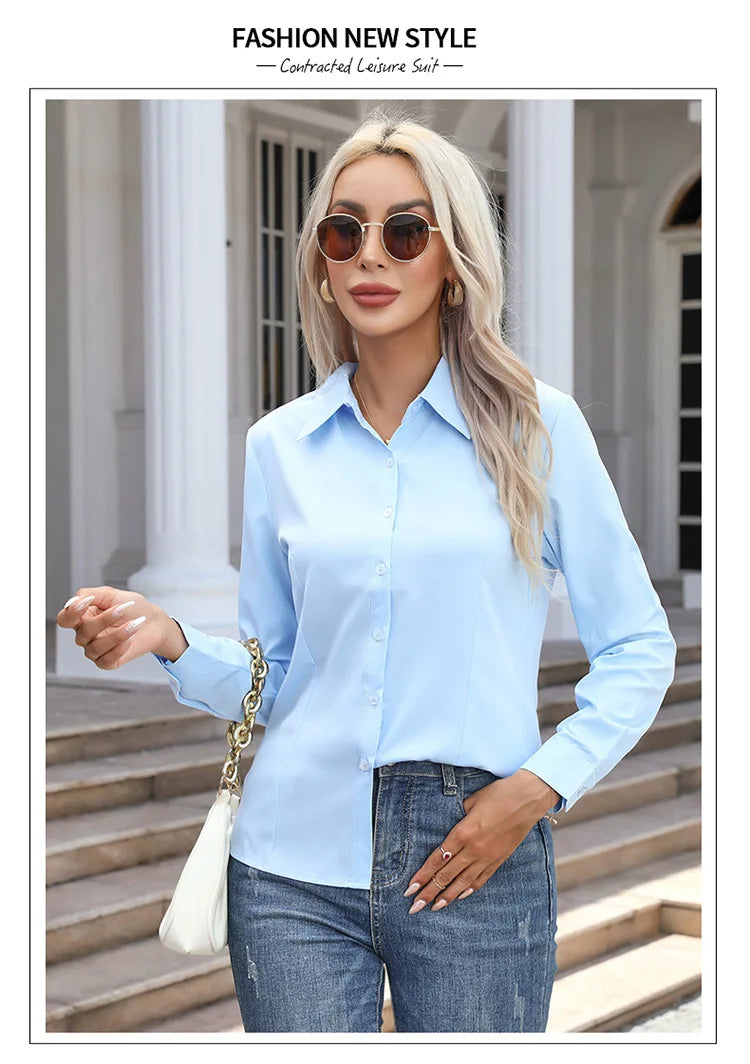 Women Elegant Solid Button Shirt Chiffon Blouse Spring Summer Casual Solid Long Sleeve Turn Down Collar Tunics OL Shirt Tops