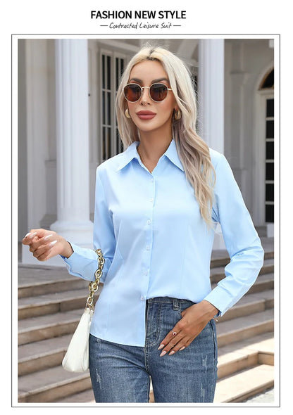 Women Elegant Solid Button Shirt Chiffon Blouse Spring Summer Casual Solid Long Sleeve Turn Down Collar Tunics OL Shirt Tops