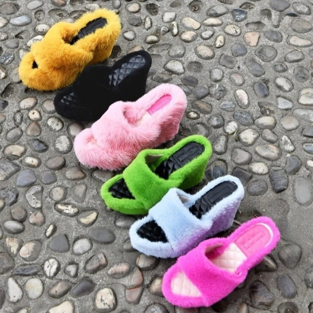 2026 Luxury New Women Feminine High Heeled Slippers Outdoor All-match Shoes Round Head Wedges With Mink Fur Femal Shoes