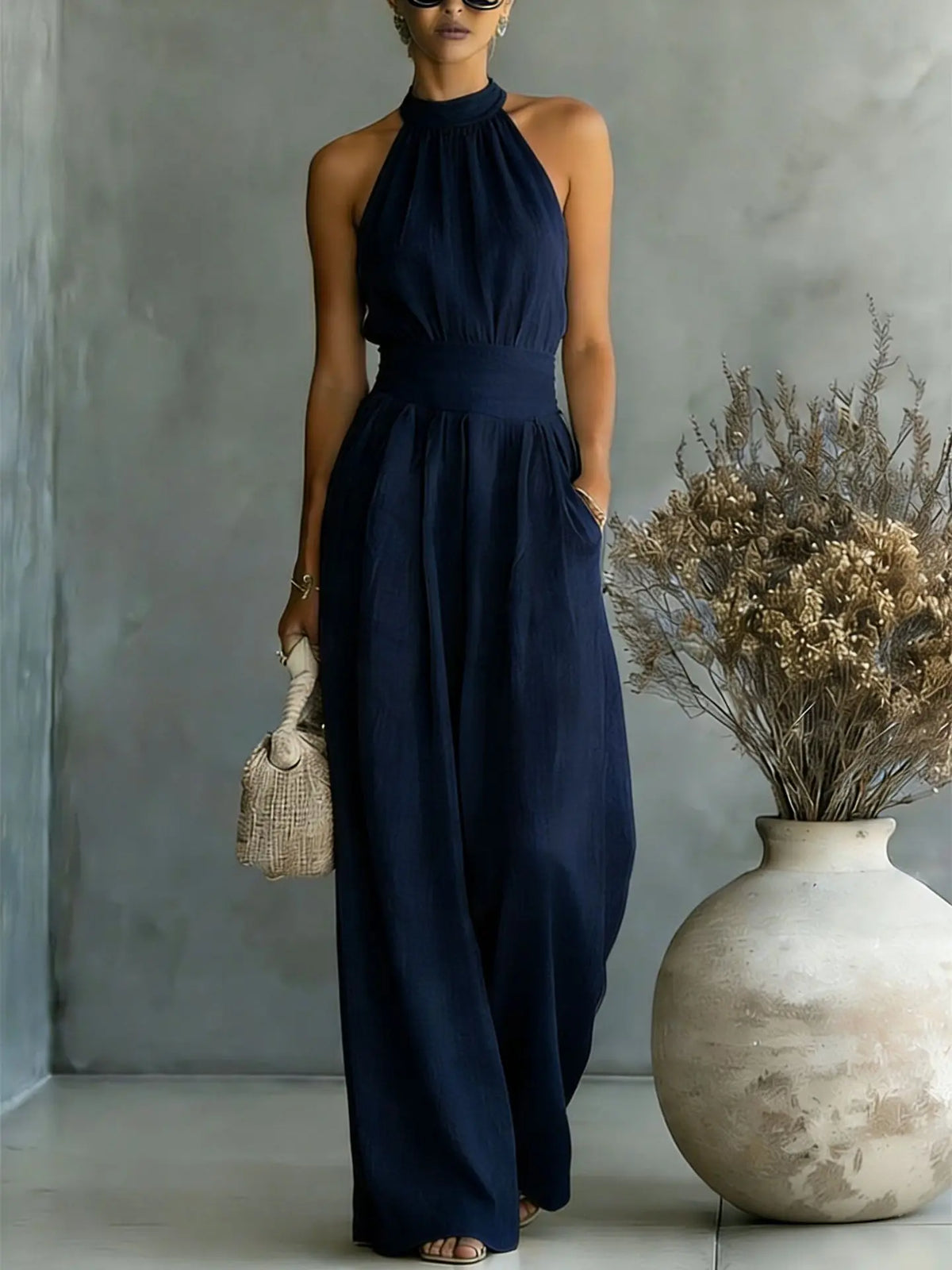 Women Solid Textured Fabric Jumpsuit Halter Sleeveless Open Shoulder Elastic Smocked Cinched Waist  Pockets Wide Leg Romper