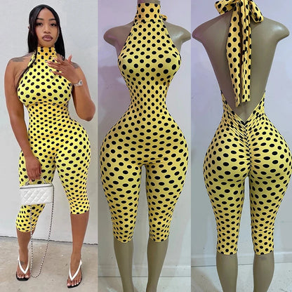 Spring Summer New Jumpsuits Playsuits Women's Backless Rompers Sexy Halter Sleeveless Lace-up Polka Dot Print Jumpsuits
