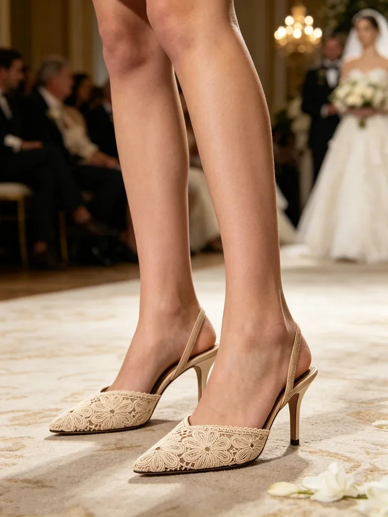 Luxury Embroidered Woven Slingback Heels for Women High-quality Faux Suede Stiletto Sandals Elegant Pointed-toe Designer Shoes