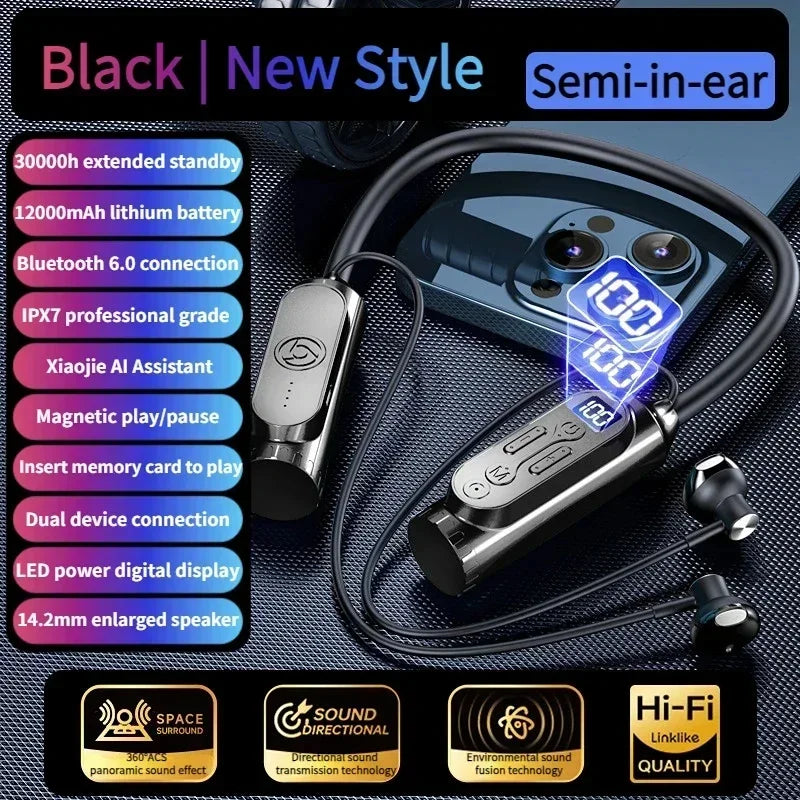 Earphones 12000mAh In-ear/Semi-in-ear Bluetooth Headset Magnetic Switch Pause Play Neck Hanging Dual Device Connection Earbuds