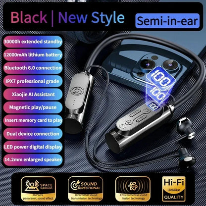 Earphones 12000mAh In-ear/Semi-in-ear Bluetooth Headset Magnetic Switch Pause Play Neck Hanging Dual Device Connection Earbuds
