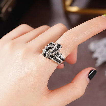 925 Sterling Silver Black Enamel Knot Ring for Women New Modern Design Chic Female Finger Ring Party Bling CZ Statement Jewelry
