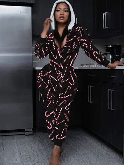 2024 Autumn Fashion Christmas New Women's jumpsuit Loose Elastic Elegant Stripe Fun Zipper Christmas Home Hoodie jumpsuit