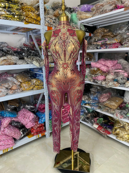 Sparkly Rhinestones Printed Mesh Bodycon Green Jumpsuits With Sleeves See Through Masquerade Costume Dress Night Club DJ Gogo
