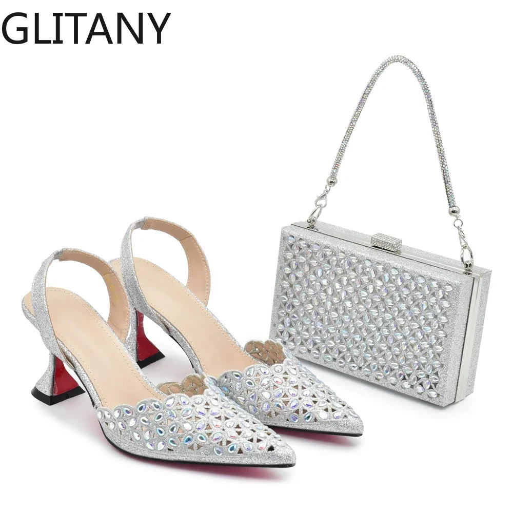 New Design Nigerian Women Shoes and Bag Set Decorated with Rhinestone in Italy African Party Luxury Heel Shoes Pumps with Heels
