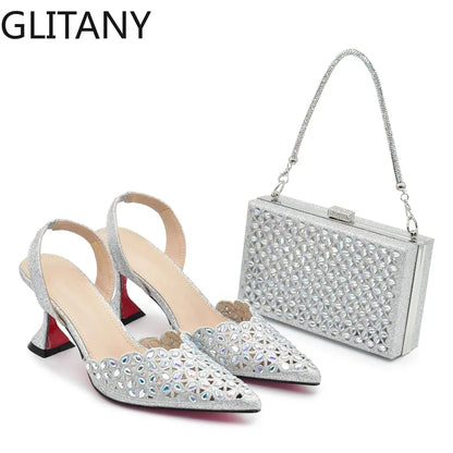 New Design Nigerian Women Shoes and Bag Set Decorated with Rhinestone in Italy African Party Luxury Heel Shoes Pumps with Heels