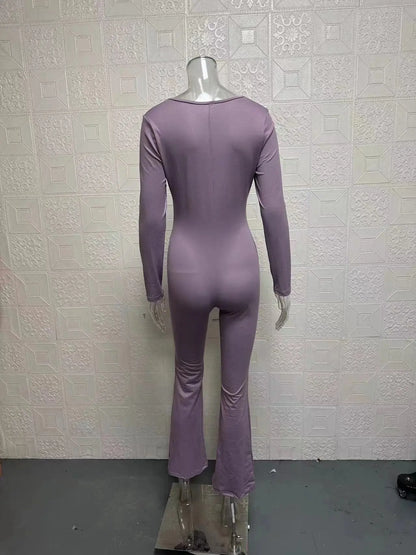 Foreign Trade Women's Long Sleeved Waist Cinching and Waist Lifting Square Collar Wide Leg High Elastic Jumpsuit