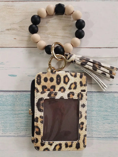 Leopard Print PU Card Holder Wallet with Silicone Beaded Wristlet Keychain, Multi Card Slots Zipper Coin Purse with Tassel Charm for Women Daily Carry