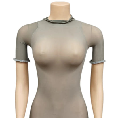 HLJ&GG Sexy See Though Stretchy Bodycon One Piece Rompers Women Round Neck Short Sleeve Slim Jumpsuits Hot Girl Nightclub Wear