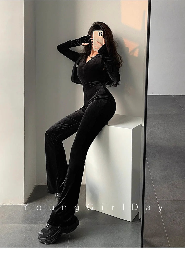 WOMENGAGA Fashion Black Velvet Slim Hooded Zipper Long Sleeve Flare Pants Jumpsuit Rompers Korean Sexy Hot Tops 2022 9P64
