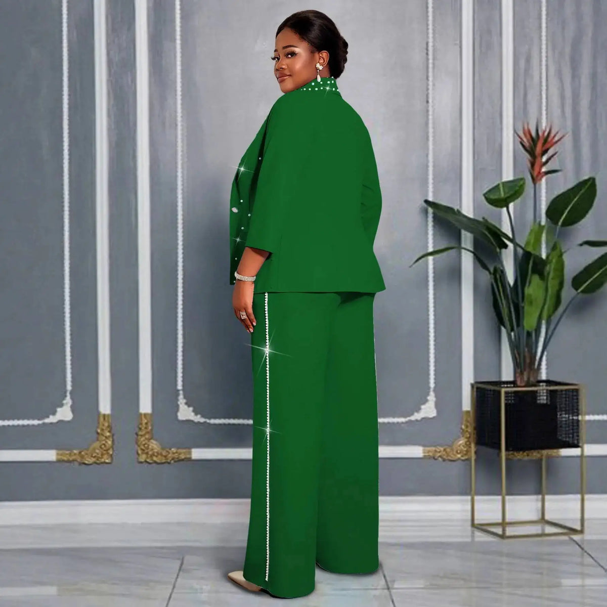 Plus Size Women's Green Beaded Blazer Suit Three-quarter Sleeve Top + Wide-leg Pants Elegant Two-piece Set Casual Y2K Two Piece