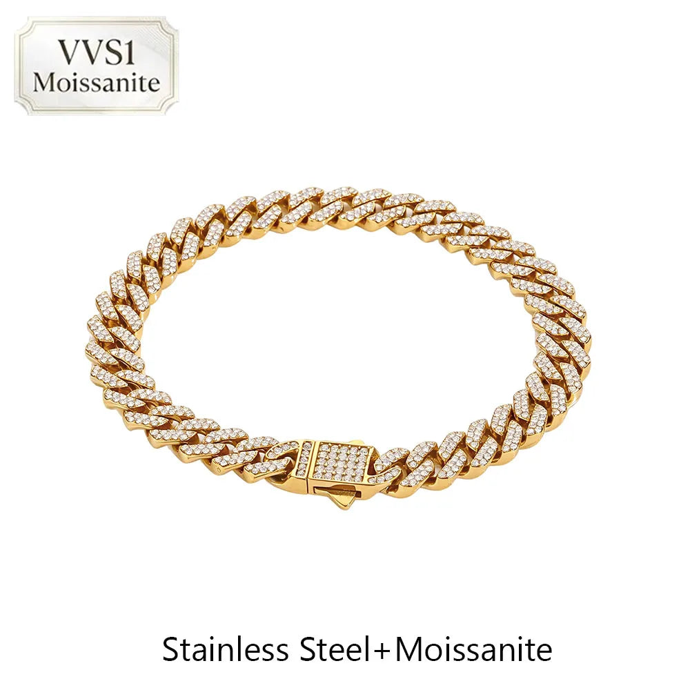 Hip Hop Fine Jewelry 8mm Stainless Steel Cuban Chain Iced Out 2 Rows VVS1 Moissanite Necklace Bracelet Miami Fashion For Men