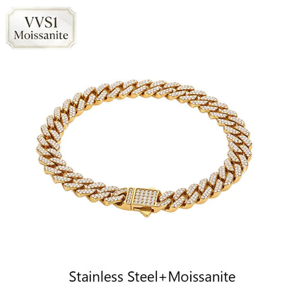 Hip Hop Fine Jewelry 8mm Stainless Steel Cuban Chain Iced Out 2 Rows VVS1 Moissanite Necklace Bracelet Miami Fashion For Men