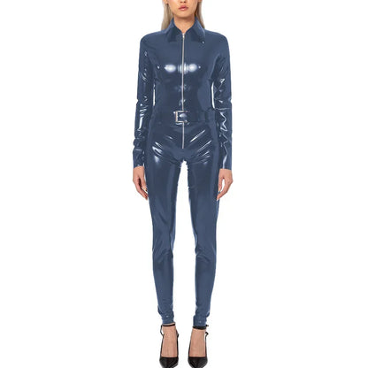Plus Size Faux Latex Catsuit Elastic PVC Leather Zipper Long Sleeve Jumpsuit Tight Sexy Cosplay Rompers Ankle-length Club Zentai