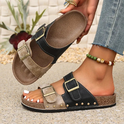 Women's Luxury Metal Buckle Decorated Slippers New Retro Thick-Soled Casual Shoes Summer Outdoor Vacation Beach Slippers Size43